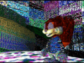 a cartoon character is standing in front of a wall with a lot of colorful patterns