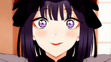 a close up of a girl with purple eyes and black hair