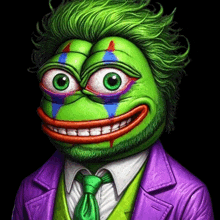 a green frog is dressed as the joker and wearing a purple suit and tie .
