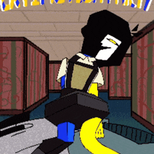 a cartoon character with a yellow tail is standing in a room with striped walls