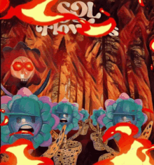 a painting of a group of cartoon characters with the word sol on the top