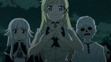 a group of anime characters are standing next to each other including a skeleton