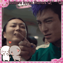 a picture of two men with the caption " butters loves thanos q ( ) "