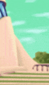 a cartoon character with pink wings is standing in a field