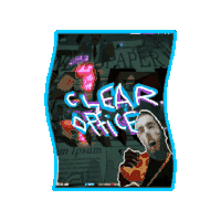 a poster with a man eating a pizza and the words clear office