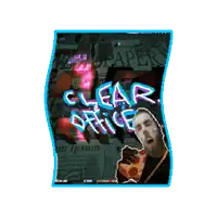 a poster with a man eating a pizza and the words clear office
