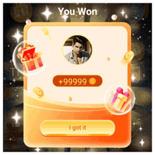 a screen with a picture of a man and the words you won