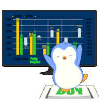 a penguin is standing in front of a computer monitor with a graph on it that says " puddy penguins "