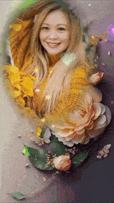 a woman in a yellow sweater is framed by flowers and butterflies