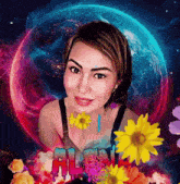 a woman is surrounded by flowers and the word ali is visible