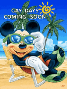 a cartoon of mickey mouse wearing sunglasses on the beach with the words gay days coming soon