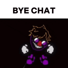 a purple clown with a party hat is holding a gun in a bye chat meme .