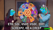 a colorful spinning wheel with the words eth sol usdt usdc dmt $ creepz or a creep