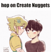 a drawing of two anime characters with the words hop on create nuggets