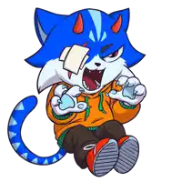 a cartoon drawing of a blue cat with horns and a bandage on its eye