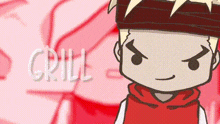 a cartoon drawing of a boy with the word grill in the background