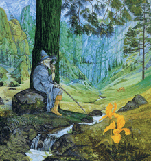 a painting of a man sitting under a tree with a cane
