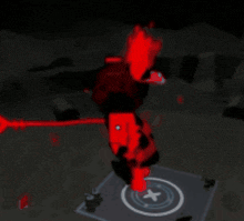a red monster is standing in the dark with a circle with an x in it