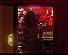 a cartoon character is standing in front of a neon sign that says piri