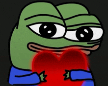 a frog is holding a red heart in his hands .