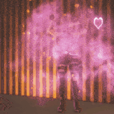 a woman is standing in front of a striped wall with a pink heart behind her