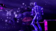 a turtle is being attacked by a robot with a purple background