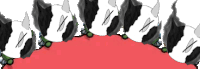 a row of black and white cows are standing on a red surface