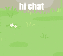a pixel art drawing of a cat laying in the grass with the words hi chat below it