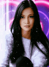 a woman with long black hair is wearing a white furry sweater