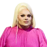 a woman with blonde hair is wearing a pink shirt with stars on it