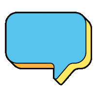 a blue and yellow speech bubble with a yellow outline on a white background .