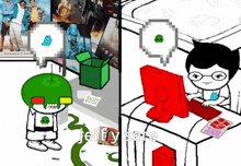 a cartoon of a person sitting in front of a computer with the name jeffry sere on the bottom right