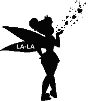 a black and white silhouette of tinkerbell blowing hearts out of her hand .