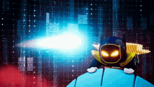 a cartoon character with glowing eyes is holding a beam of light
