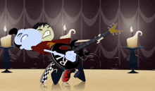 a cartoon of a man playing a guitar with the letter r on the neck