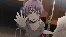 a girl with purple hair and pink eyes is holding a sheet of music