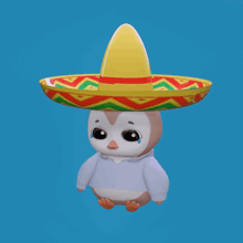 a cartoon penguin wearing a sombrero surrounded by red hearts