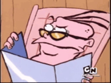 a cartoon character is reading a book with a cn logo in the corner .