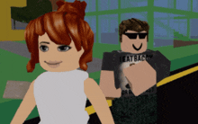 a girl with red hair is standing next to a roblox character wearing a shirt that says " i eat bacon "
