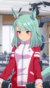 a girl with green hair is holding a pair of dumbbells