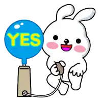 a cartoon rabbit is holding a yes balloon