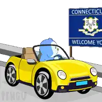 a cartoon of a penguin driving a yellow car with a connecticut welcome sign in the background