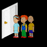 a cartoon of a girl knocking on a door with two boys standing behind her