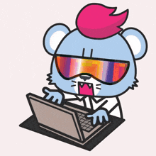 a cartoon bear wearing sunglasses and a pink mohawk is typing on a laptop computer