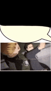 a couple of anime characters standing next to each other with a speech bubble above them .