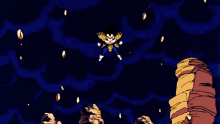 a cartoon character with a fist in the air against a dark background