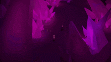 a couple of people are standing in a purple cave with purple crystals