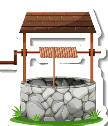 a stone well with a wooden roof and a rope attached to it