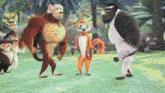 a group of cartoon animals are standing in a grassy area