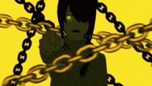 a girl with a smiley face on her face is chained to a chain .